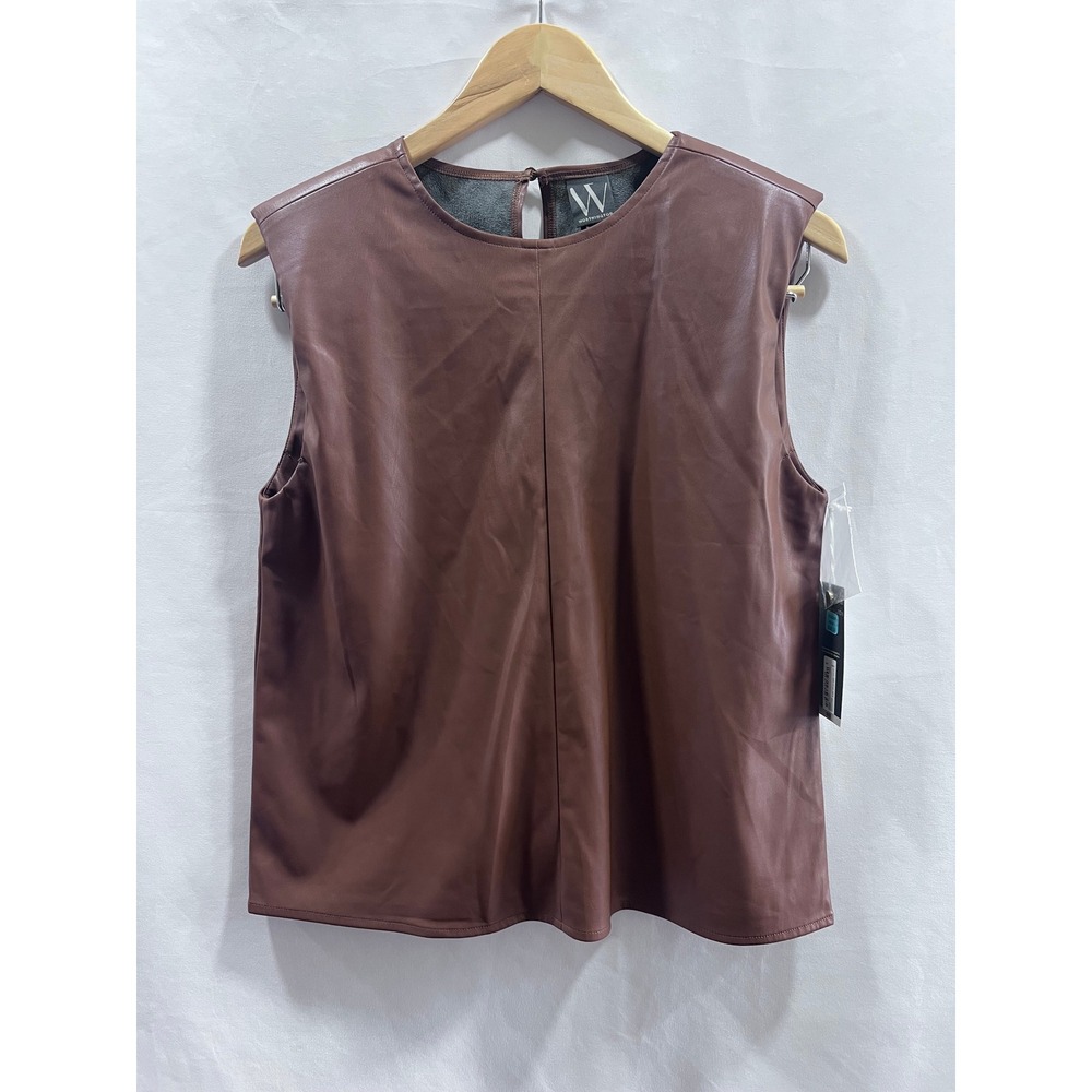 Worthington Womens Faux Leather Sleeveless Top Cognac Brown Keyhole Back Size M